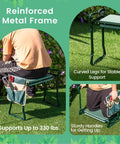 Garden Kneeler Bench With Tools Pouch Foldable Garden Seat Stool on grass with person using it, reinforced metal frame visible