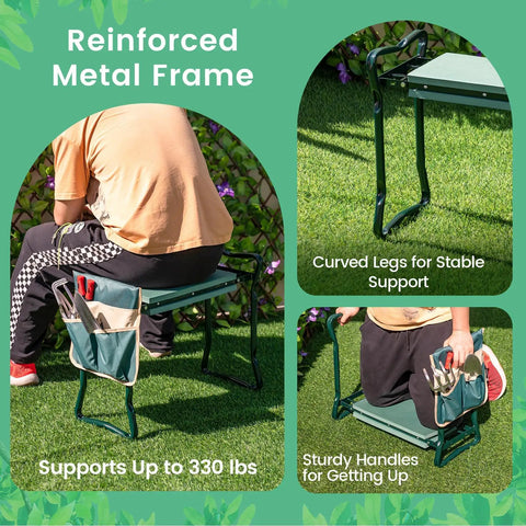 Garden Kneeler Bench With Tools Pouch Foldable Garden Seat Stool on grass with person using it, reinforced metal frame visible