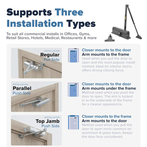 Heavy Duty Commercial Door Closer Auto Hydraulic Spring Arm FS 6300 For Wood Metal Glass Doors Grade 1 ANSI A1564 UL Listed ADA Compliant Left Or Right Hand Install Soft Close Closure For High Traffic Entrances