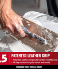 Rugged 12 Inch By 4.75 Inch Flat Drywall Trowel With 0.7mm Triple Hardened Stainless Steel Blade in use, leather grip handle