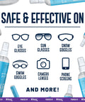 Nano Magic eyeglass lens cleaning spray, blue bottles; icons show glasses and camera lenses