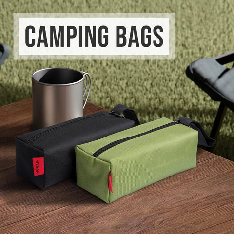 Rugged Five Pack Tool Pouches Set With 1680D Waterproof Fabric, Black and Green Small DIY Tool Bags with Cup on Wooden Table