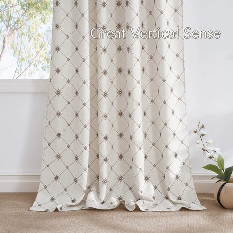 Farmhouse Diamond Geometric Curtain Panels 96 Inches Long W52 X L96 Natural Linen Semi Sheer 250Gsm in living room