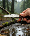A person holding a Stainless Steel Foldable Knife With Wood Handle And Locking Blade For Hiking And Camping Ultra Portable And Easy To Carry Outdoors