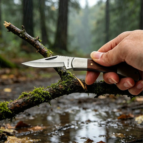A person holding a Stainless Steel Foldable Knife With Wood Handle And Locking Blade For Hiking And Camping Ultra Portable And Easy To Carry Outdoors