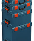 Stacked L BOXX 2 Stackable Tool Storage Cases with One Click Stacking, top front side handles, lockable clips, blue.