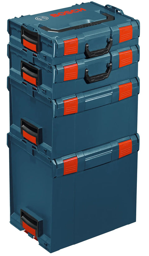 Stacked L BOXX 2 Stackable Tool Storage Cases with One Click Stacking, top front side handles, lockable clips, blue.