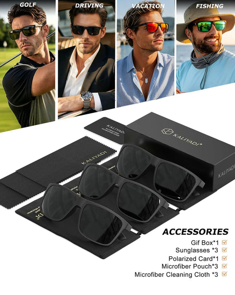 Polarized Sunglasses For Men And Women With UV Protection For Driving Fishing And Golf 3-Pack display with accessories