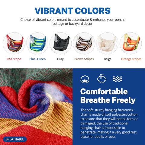 Display of various outdoor hanging hammock chair colors: red, blue, gray, brown, beige, orange. Outdoor Hanging Hammock Chair For Porch And Tree Swing Large 110 By 130 Cm Cotton Rope Seat 330 Lbs Weight Capacity Dark Gray Easy Assembly No Pillows Included Cozy Relaxing Swing.