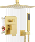All Metal Brushed Gold Shower Head System With Pressure Balance Valve Kit, 10 Inch Rain Head And Handheld Spray, Ceiling Mounted Luxury Bath