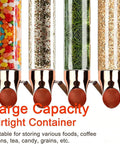 Wall Mounted Coffee Bean Dispenser With Adjustable Flow Valve For Candy Oatmeal And Bulk Tea Storage Clear Glass Jar with various food items.