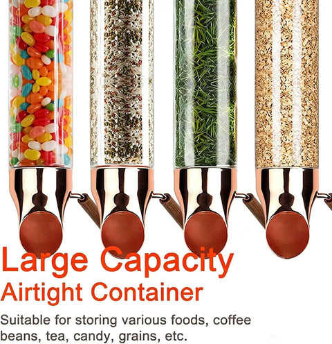 Wall Mounted Coffee Bean Dispenser With Adjustable Flow Valve For Candy Oatmeal And Bulk Tea Storage Clear Glass Jar with various food items.