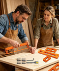 Men and women using Adjustable Invisible Hinge Router Guide Template Reusable Cabinet Mortise Jig on wooden board.