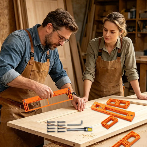 Men and women using Adjustable Invisible Hinge Router Guide Template Reusable Cabinet Mortise Jig on wooden board.