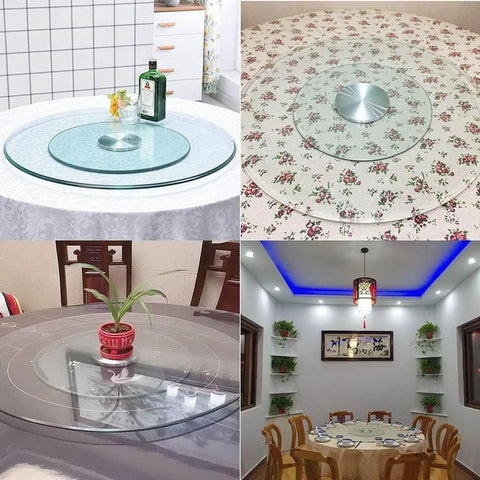 Real Deal Tempered Glass Lazy Susan Rotating Turntable Slick Bearing Swivel Serving Tray For Modern Kitchen And Dining Table Clear Glass Platter Eighty Inch Diameter on various tables