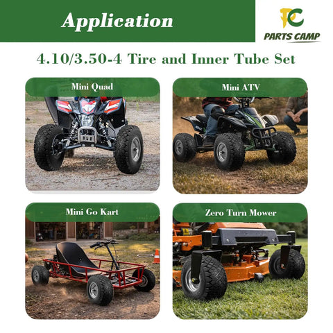 4.10/3.50-4 Tire Set on Mini Quad, Mini ATV, Go Kart, Zero Turn Mower Application Display