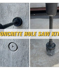 Masonry Hole Saw Kit 9 Piece Set 4 Inch Carbide Hole Saws With SDS Plus Max Shank Concrete Core Bits in action on cement wall.