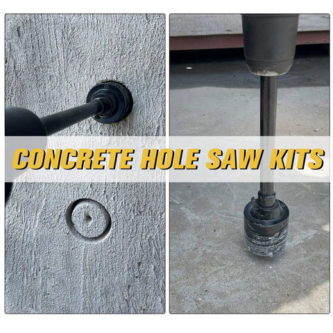 Masonry Hole Saw Kit 9 Piece Set 4 Inch Carbide Hole Saws With SDS Plus Max Shank Concrete Core Bits in action on cement wall.