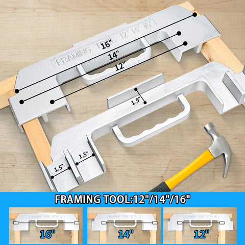 Kickstart Your Projects With This Straight Shooting Three In One Framing Jig Featuring 12 14 16 Inch On Center Stud Layout And Rock Solid Cast Aluminum Build showing detailed measurements and framing positions.
