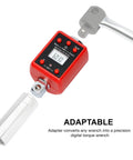 Half Inch Digital Torque Adapter Converts Any Ratchet Into a Precision Torque Wrench With a Digital Gauge, attached to a ratchet.