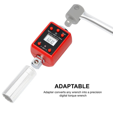 Half Inch Digital Torque Adapter Converts Any Ratchet Into a Precision Torque Wrench With a Digital Gauge, attached to a ratchet.