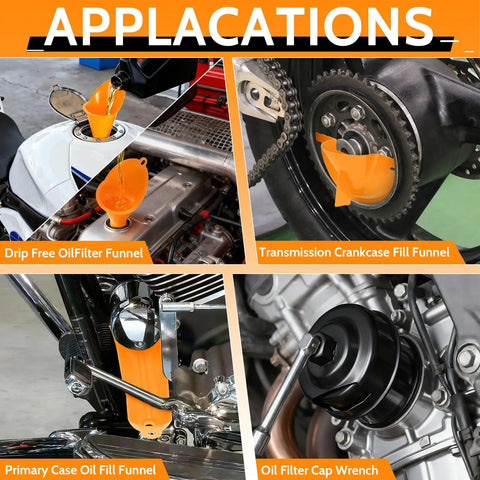 All In One Harley-Davidson Oil Change Kit With Filter Cap Wrench Fill Tools And Thirty O Rings shown in oil change application.
