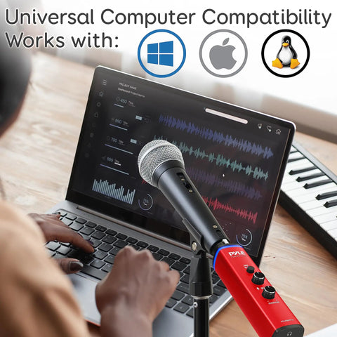 XLR To USB Microphone Adapter For Digital Recording Plug And Play Mic To PC Interface With 48V Phantom Power And USB Cable Included Universal Windows And Mac Compatibility Delivers Studio Quality Sound connected to laptop with audio software interface.