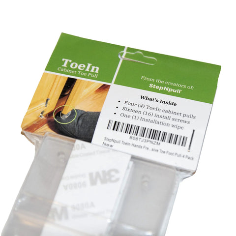 Packaging of Hands Free Cabinet Door Opener Foot Pull Adhesive Toe Kick 4 Pack No Touch Access For Kitchen Office And Home