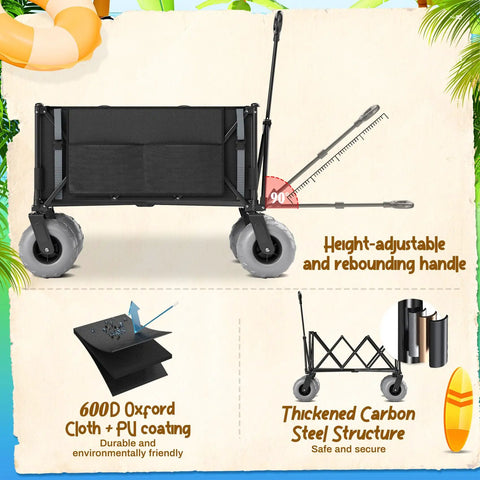 All Terrain Beach Wagon With 9 Inch Inflatable Tires, shown with height-adjustable handle and foldable steel frame.
