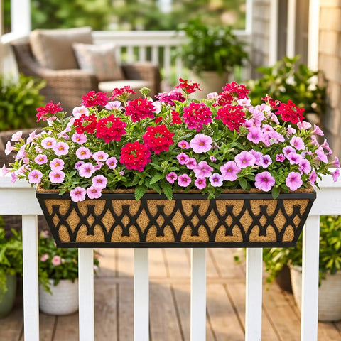 24 Inch Window Boxes Planters Two Pack With Adjustable Brackets For Porch Fence Patio Balcony Railing Planter Boxes With Coco Liners Hanging Flower Baskets Outdoor Garden Decor In Black on railing with flowers