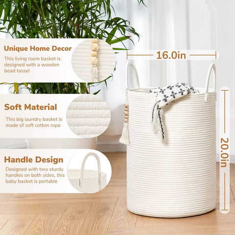 White Laundry Basket With Handles, Tall Woven Hamper For Clothes And Towels, Holds A Week Of Laundry, Decorative Blanket Basket