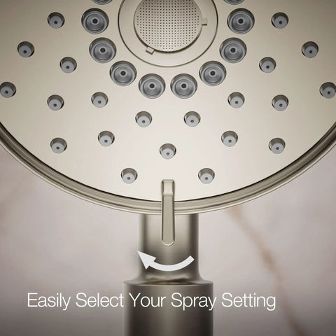 Purist Four Function Handheld Showerhead With Nonpositive Shutoff Full Coverage Spray, close-up of spray setting control