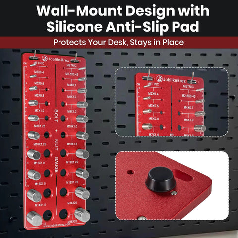 JoblikeBrez bolt thread checker gauge, red wall-mount two-panel with metric and inch scales