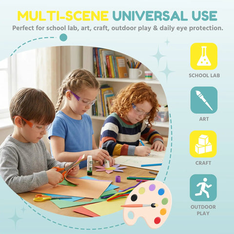 Children wearing Bulk Pack Kid Safe Safety Glasses 24 Pack, ANSI Z87.1 certified clear lenses, crafting in classroom with multicolor frames.