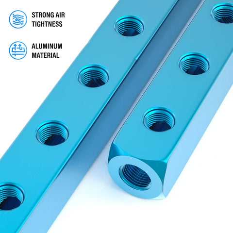 Blue Five Way Eight Port Pneumatic Manifold Block Aluminum Air Distribution Block For Compressed Air Systems One Quarter Inch High Flow