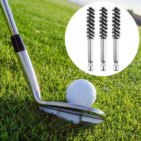 Golf club on grass with golf ball, insert showing 10 Pack Golf Club Head Hosel Brushes Set Pro Grade Cleaning Tool For Cleaning Wood And Iron Clubs
