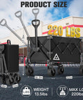 All Terrain Collapsible Wagon Cart With Wheels For Beach Garden Shopping Groceries Camping And Outdoor Hauls Large Capacity Folding Utility Cart With Sturdy Steel Frame Easy Fold Black, shown folded and open with dimensions.