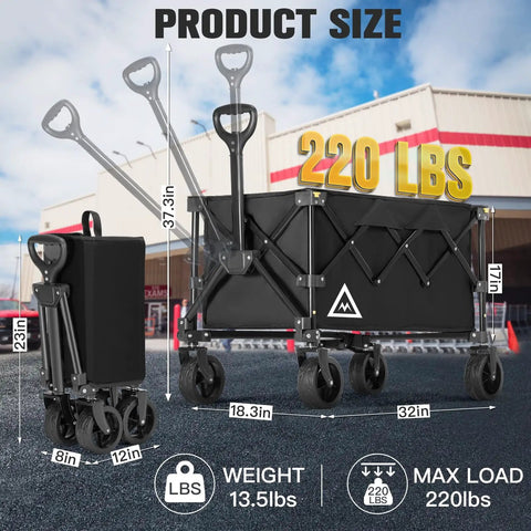 All Terrain Collapsible Wagon Cart With Wheels For Beach Garden Shopping Groceries Camping And Outdoor Hauls Large Capacity Folding Utility Cart With Sturdy Steel Frame Easy Fold Black, shown folded and open with dimensions.