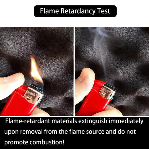 Flame retardancy test showing flame on Egg Crate Acoustic Foam, demonstrating fire resistance and safety features.