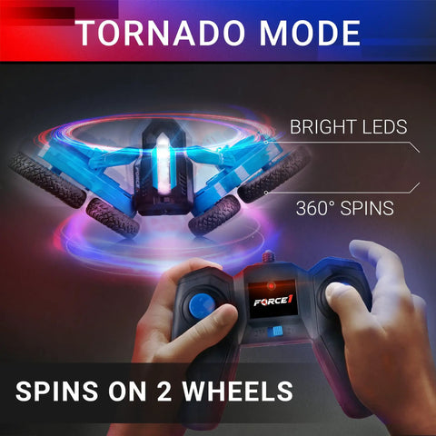 Tornado Red LED Remote Control Car For Kids displaying 360 spins with bright LEDs, controlled by 2.4GHz wireless remote.