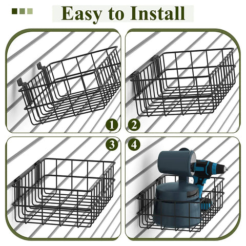 4 Pack Heavy Duty Slatwall Baskets Set For Garage And Shop Organization, Metal Slat Wall Storage Bins, Installed Front View