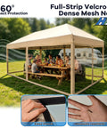 10x20 Pop Up Canopy Tent With Mosquito Netting in beige, hosting a picnic on grass with RV in background, showcasing mesh net and velcro.