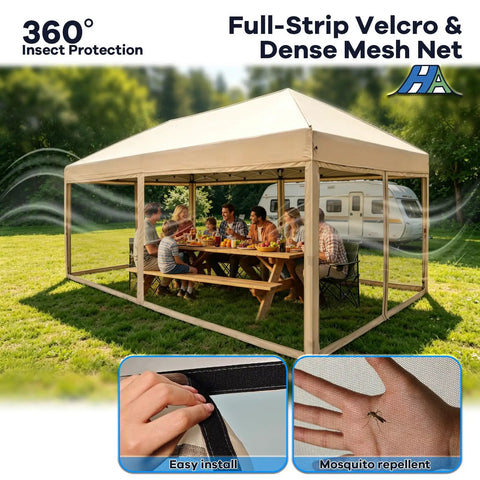 10x20 Pop Up Canopy Tent With Mosquito Netting in beige, hosting a picnic on grass with RV in background, showcasing mesh net and velcro.