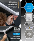 Installation of Hexagon LED Garage Lighting Kit With 24 LED Light Bars, showcasing power options and snap-in connectors.