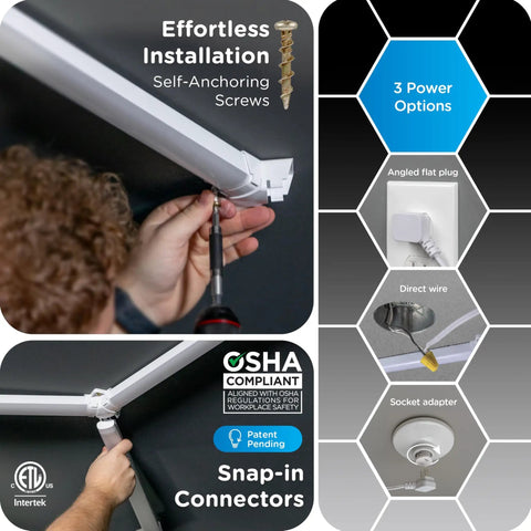 Installation of Hexagon LED Garage Lighting Kit With 24 LED Light Bars, showcasing power options and snap-in connectors.