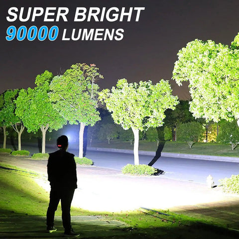 Rechargeable LED Headlamp for Adults With 90000 Lumens Beast Mode Brightness illuminating trees at night.