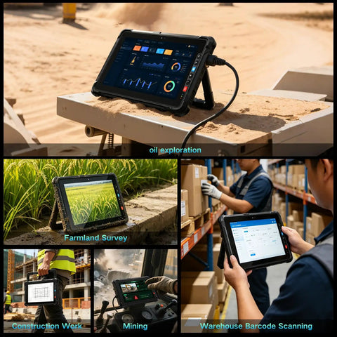Hard As Nails Rugged Windows 11 Tablet With 16GB Ram And 256GB Storage Pumping Out A Crisp 10 95 Inch IP67 Screen in use at construction and warehouse settings.