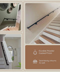 Built Tough Aluminum Handrail Grab Bar 12 Feet Long With Secure Mounting Brackets And Matte Black Powder Coated Finish Weather Resistant Kick Up Your Indoor Outdoor Staircase Setup installed on a staircase.