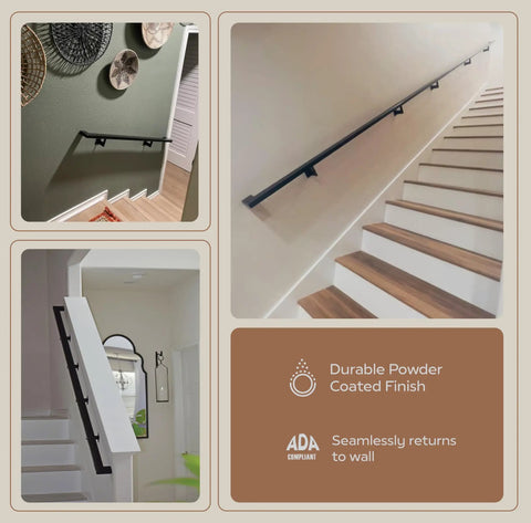 Built Tough Aluminum Handrail Grab Bar 12 Feet Long With Secure Mounting Brackets And Matte Black Powder Coated Finish Weather Resistant Kick Up Your Indoor Outdoor Staircase Setup installed on a staircase.