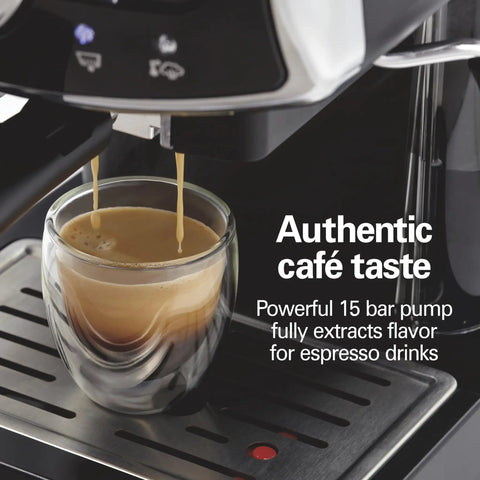 Slide And Lock Espresso Machine With Built In Milk Frother Steam Wand 15 Bar Pump Compact Countertop Coffee Maker smooth espresso pouring into a glass.